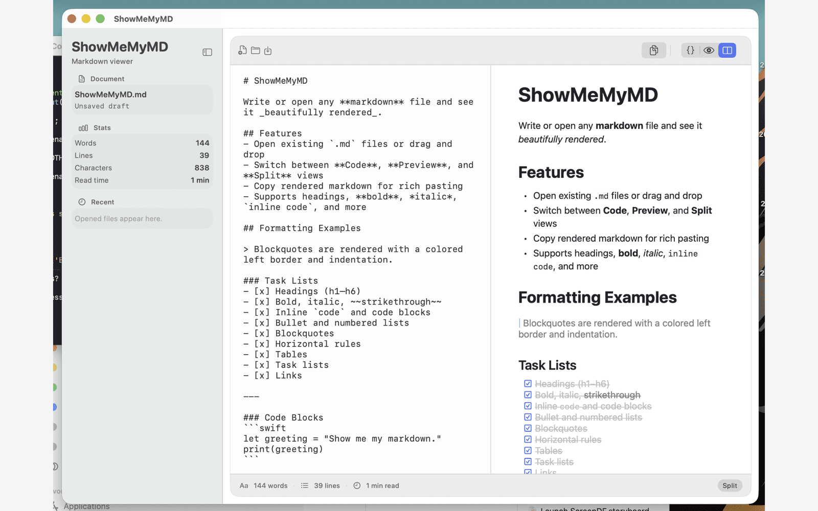 ShowMeMyMD split view — Markdown source on the left, beautifully rendered on the right